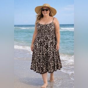 Lanz Floral Midi Sleeveless Cotton Dress Floral Pattern Brown Cream Plus Size 2X